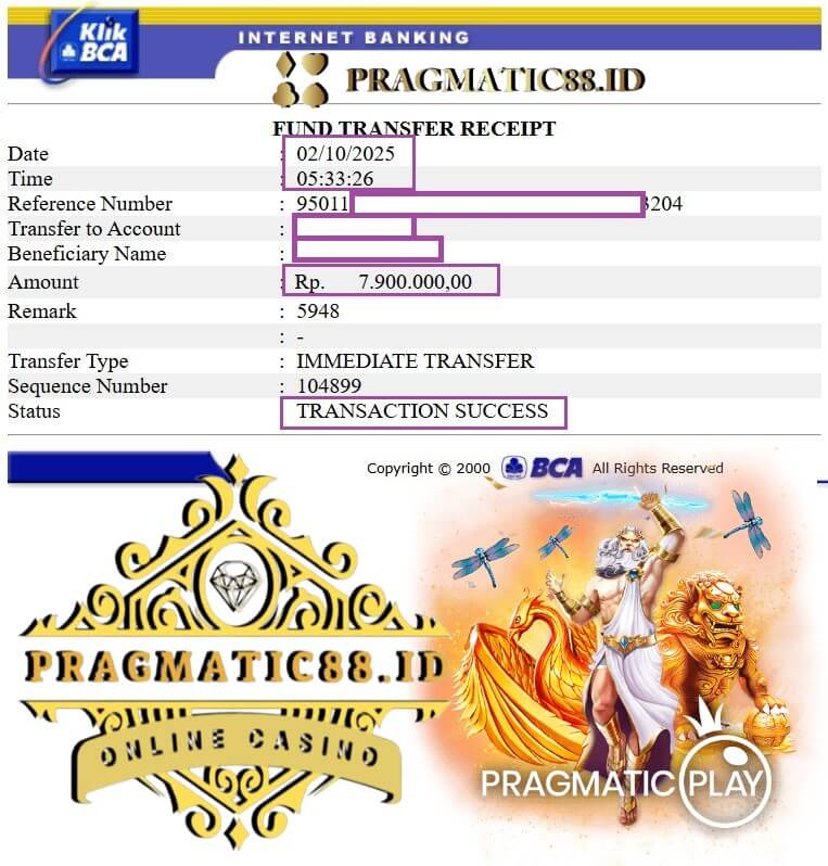 Bukti transfer kemenangan Pragmatic Play
