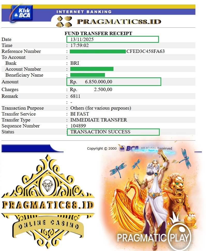 Bukti transfer duit gaming masuk rekening