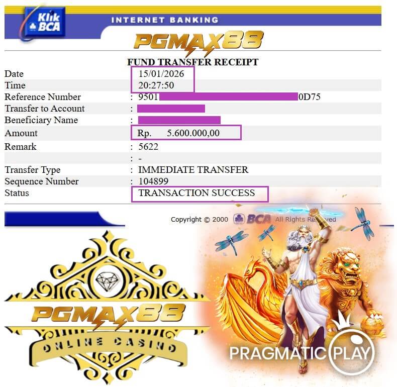 Slip transfer bank bukti jackpot dari ACE333