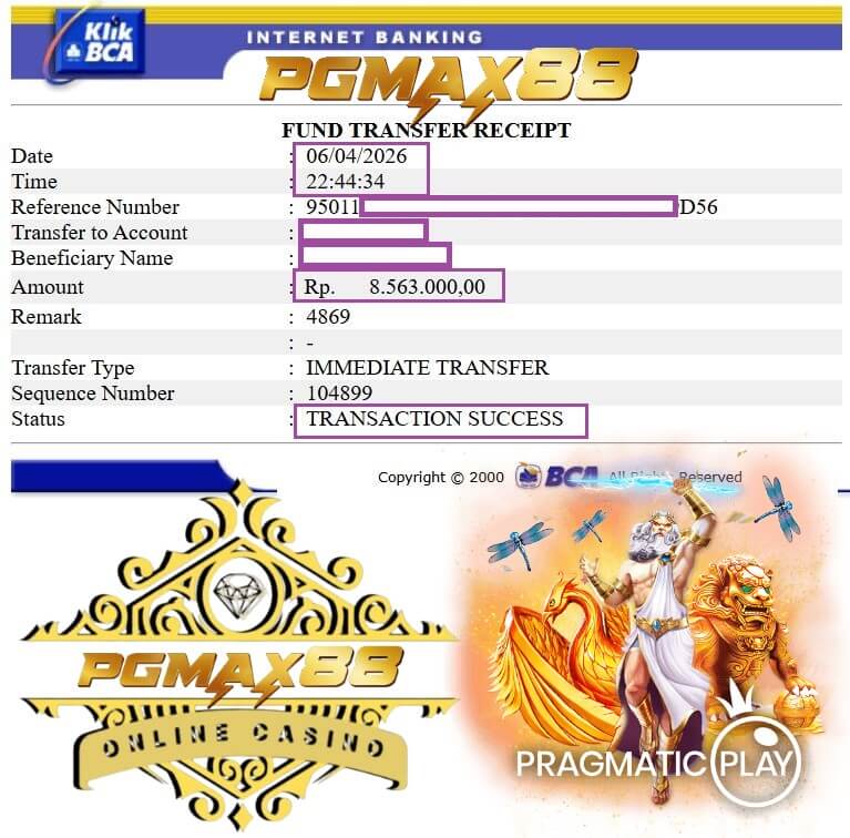 Slip transfer bukti kemenangan jackpot Mega888