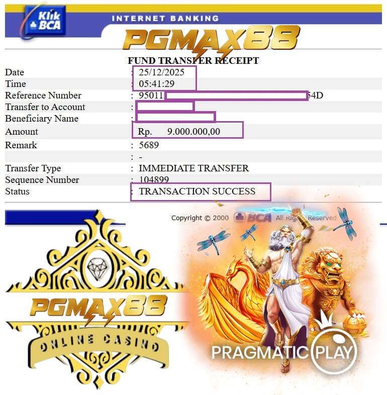Bukti transfer kemenangan Mega888, nominal gede banget