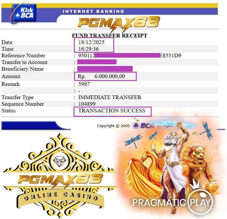 Bukti transfer kemenangan dari Mega888 ke rekening bank