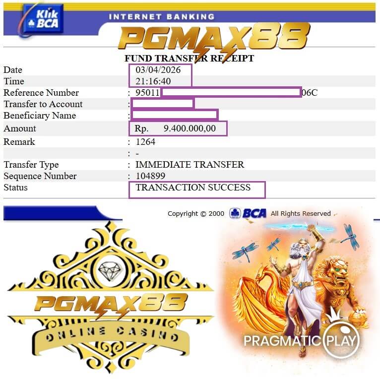 Bukti transfer kemenangan Mega888 ke rekening bank