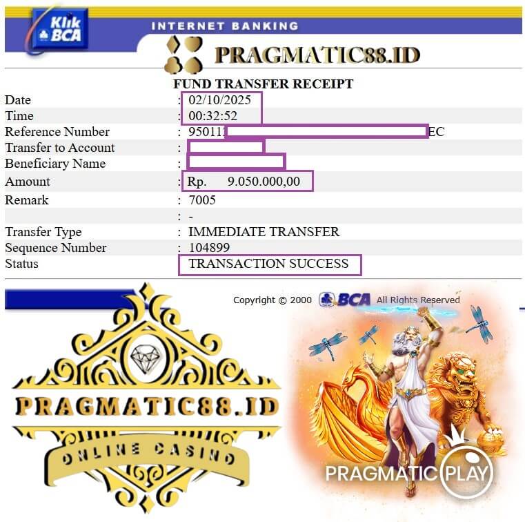 Bukti transfer bank dari kemenangan 918KISS