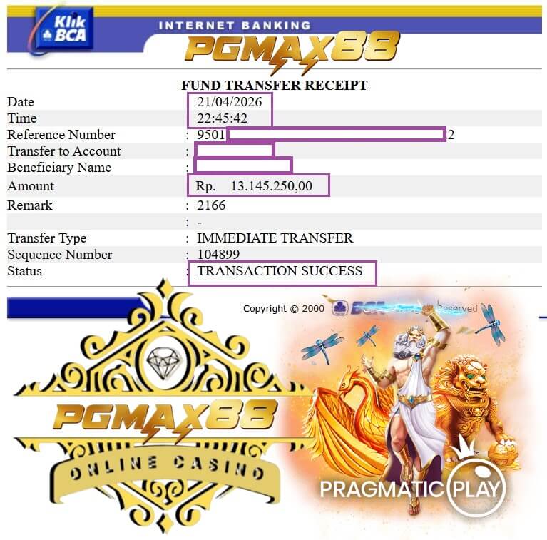 Bukti transfer bayaran jackpot dari kasino malam itu