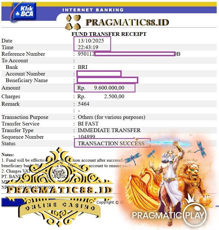 Bukti transfer jackpot ke rekening bank