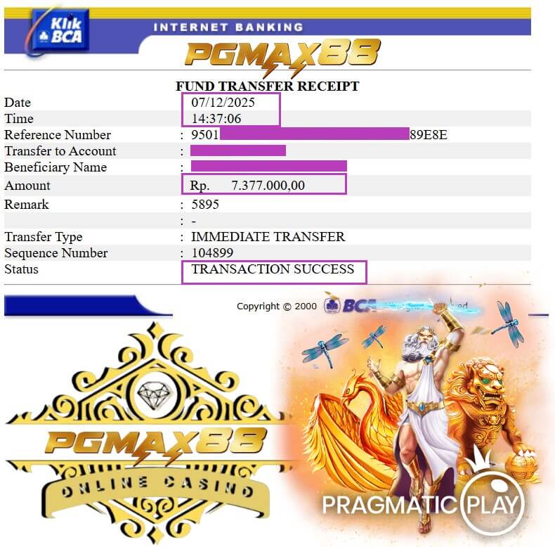 Bukti transfer kemenangan Ace333 ke rekening bank