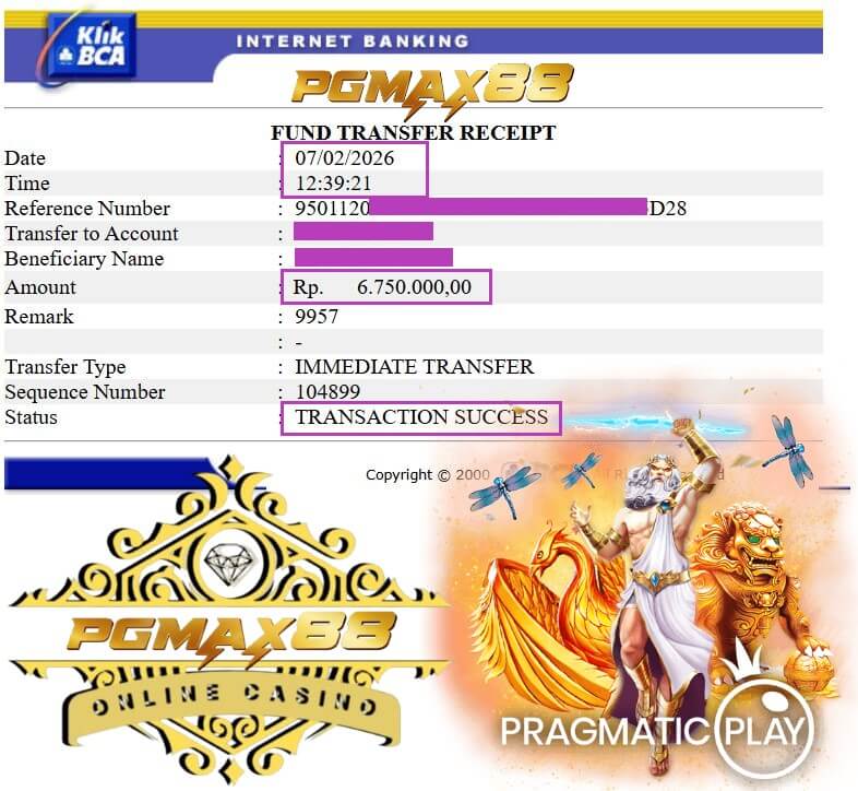 Bukti transfer bank dari kemenangan casino