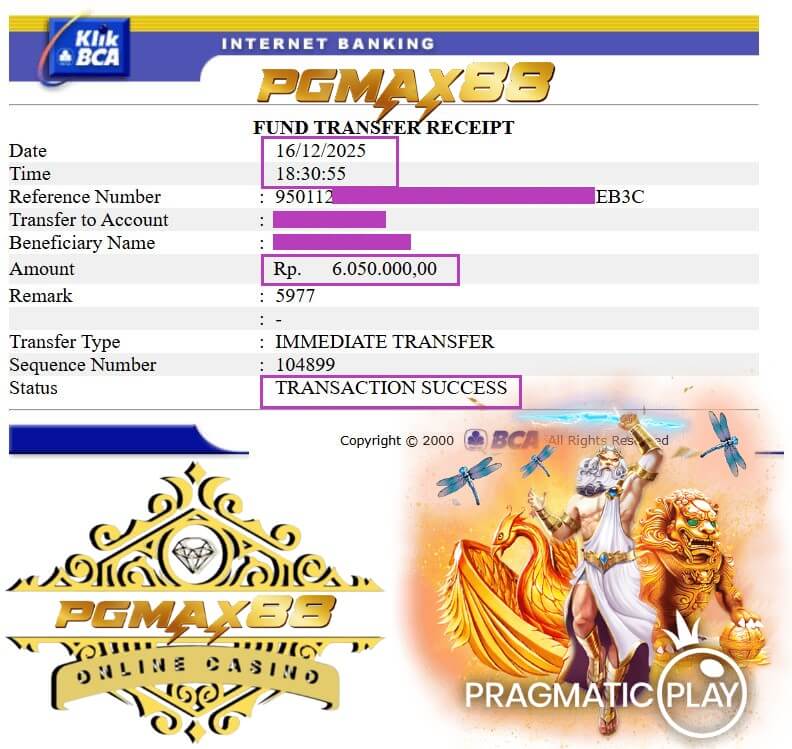 Slip transfer bukti kemenangan 5 juta dari NTC33