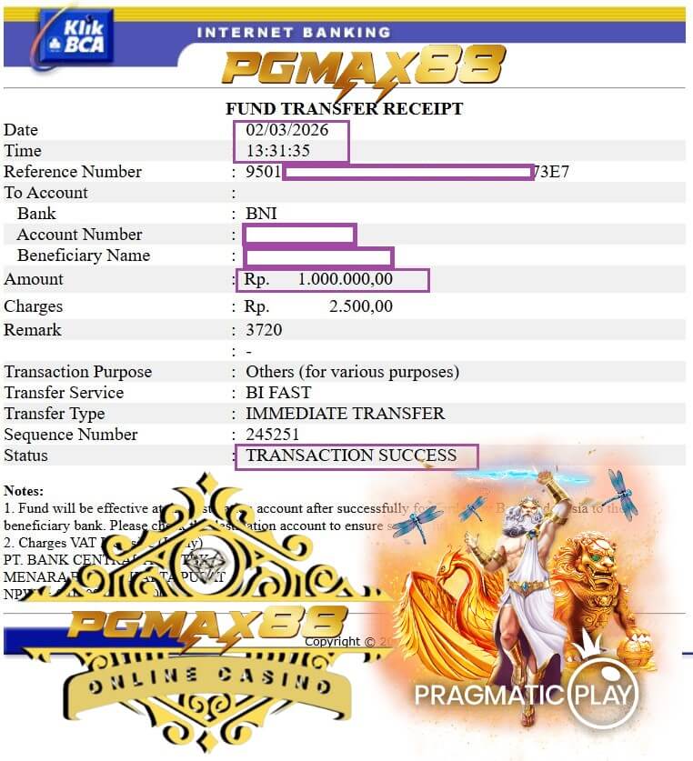 Bukti transfer bank dari kemenangan gue di game kasino