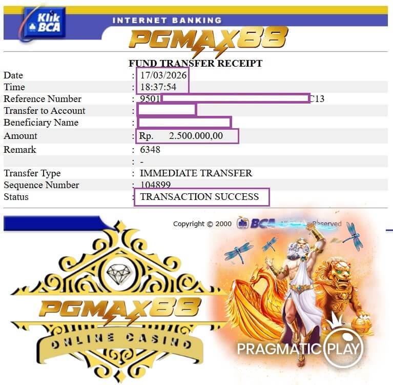 Bukti transfer bank dari kemenangan Habanero