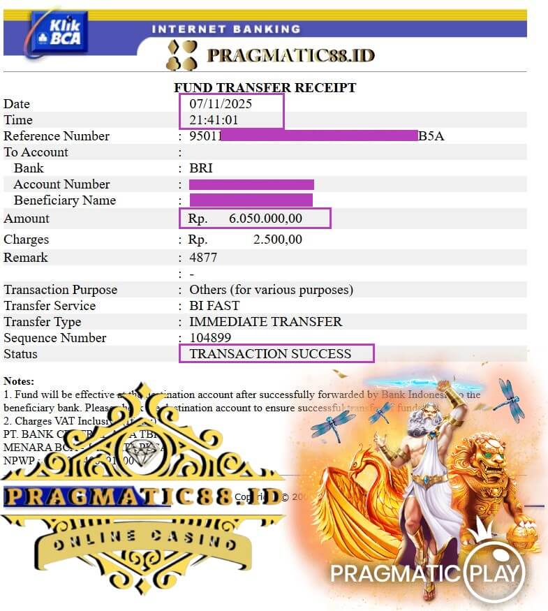 Bukti transfer bank dari kemenangan Lucky Streak malam ini