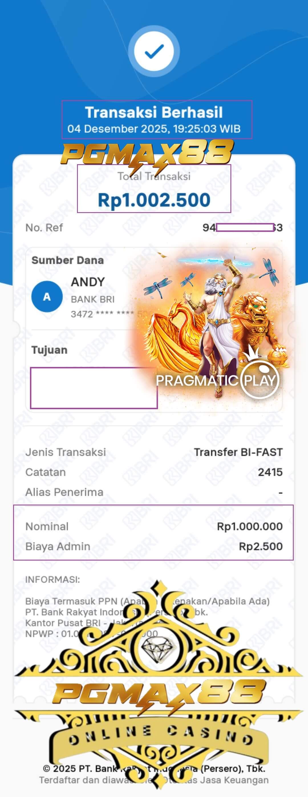 Bukti transfer jackpot NTC33, nominal gede banget!