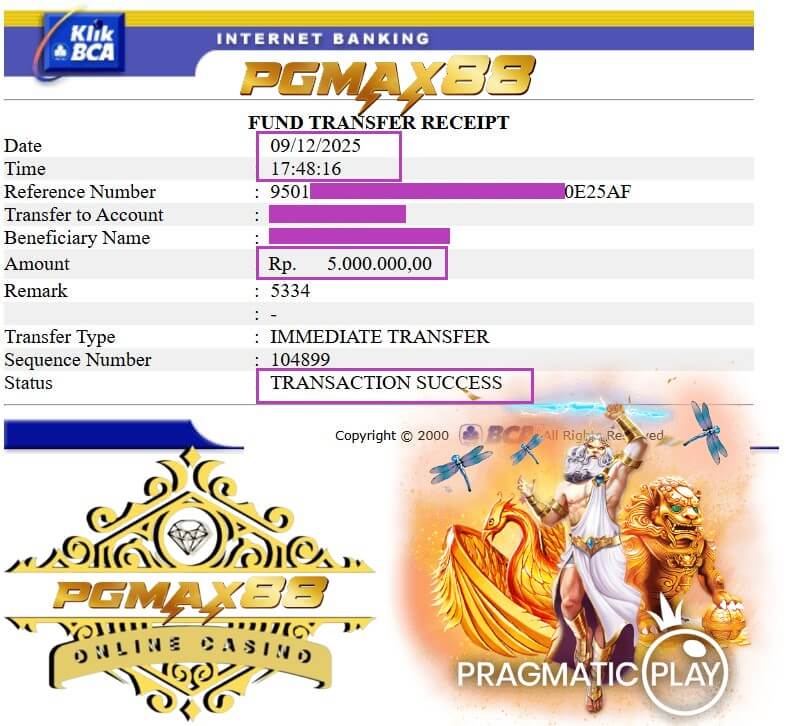 Bukti transfer kemenangan NTC33 ke rekening bank