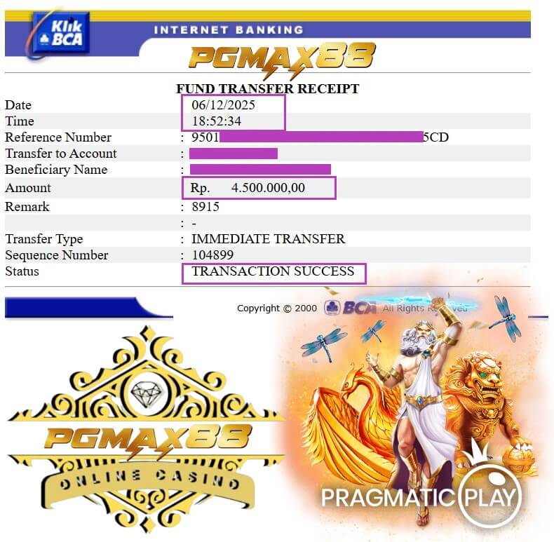 Bukti transfer bank dari kemenangan NTC33