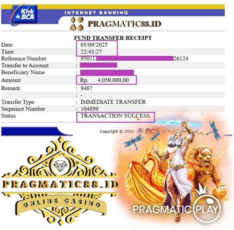 Bukti transfer kemenangan gue dari Pragmatic Play