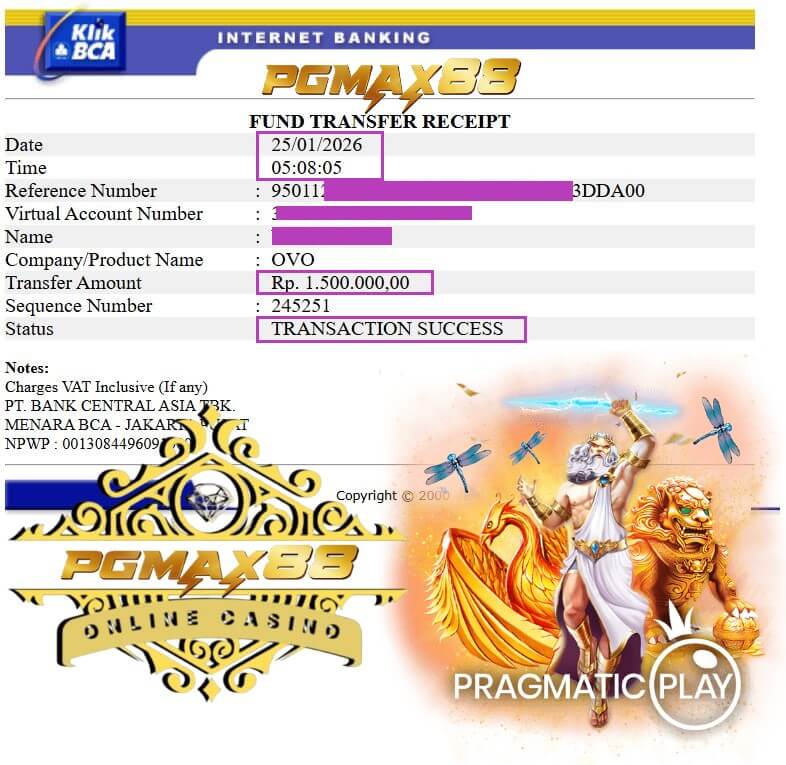 Bukti transfer kemenangan ke rekening bank