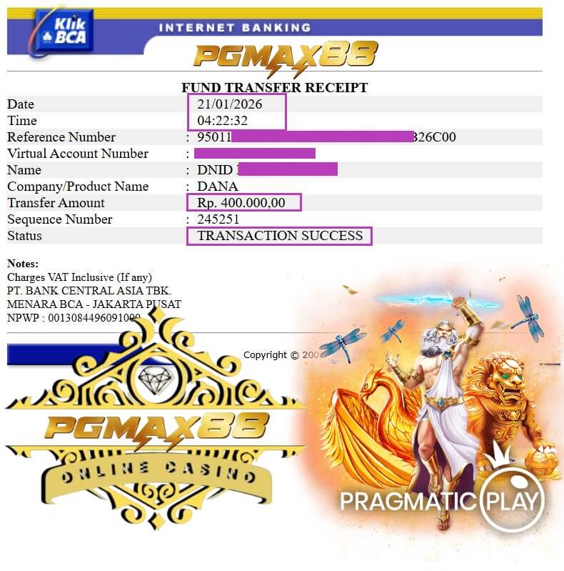 Bukti transfer bank buat kemenangan gue malam ini