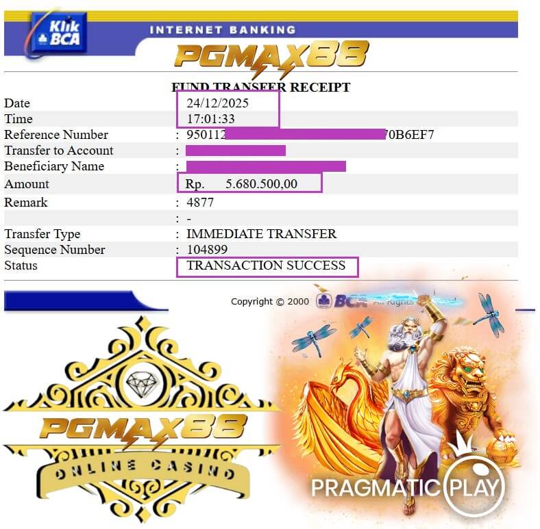 Bukti transfer bank dari kemenangan Pussy888