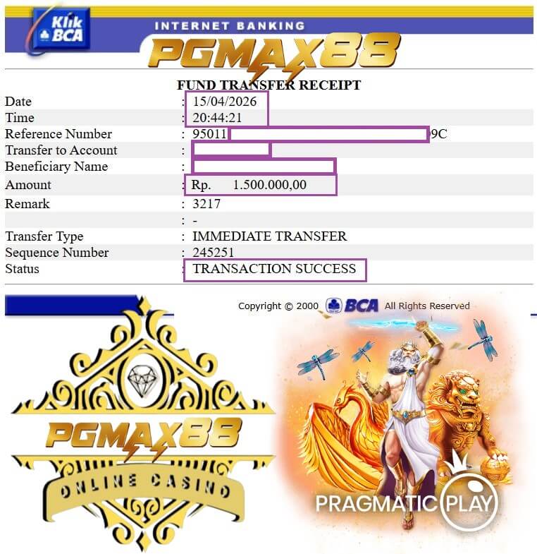 Bukti transfer bank dari kemenangan slot Live22