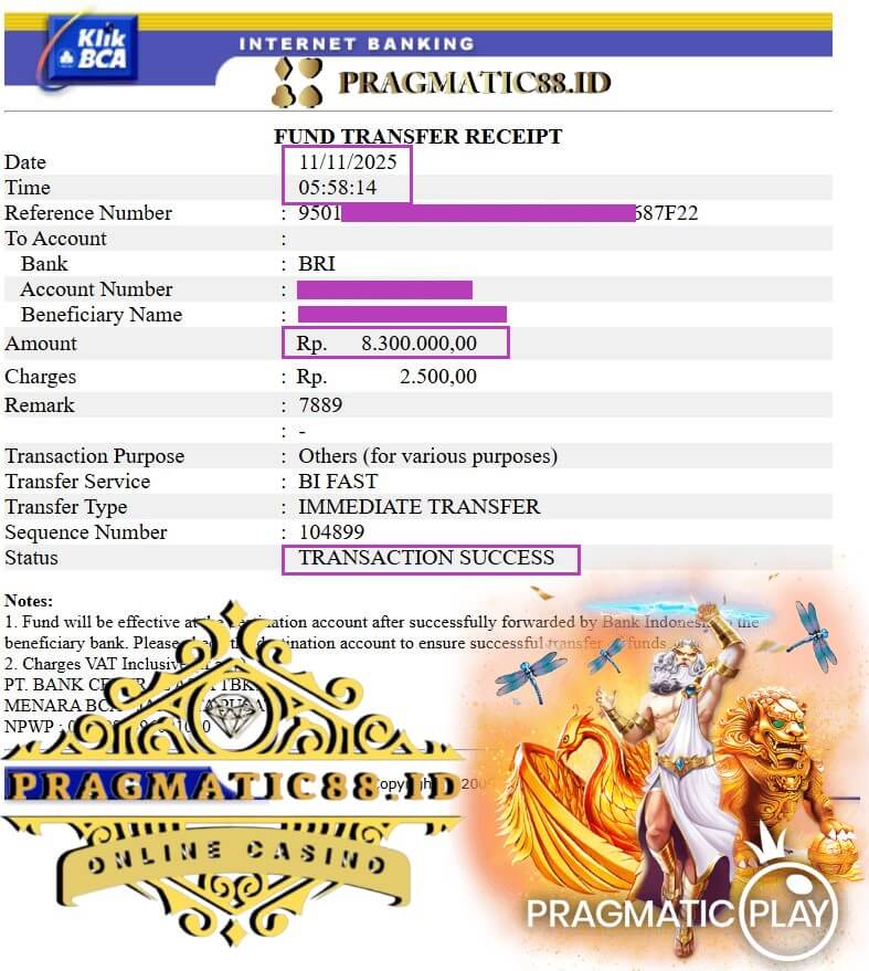 Bukti transfer jackpot Pussy888 ke rekening bank