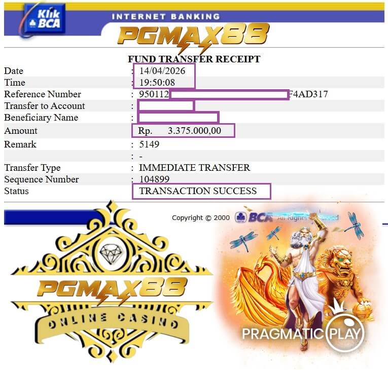 Slip transfer bank bukti pembayaran dari kemenangan NTC33