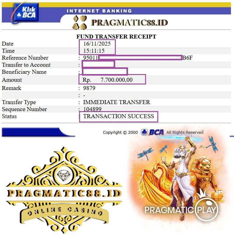 Bukti transfer bank dari kemenangan NTC33 malam ini