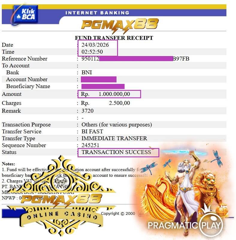 Bukti transfer duit dari kemenangan kasino