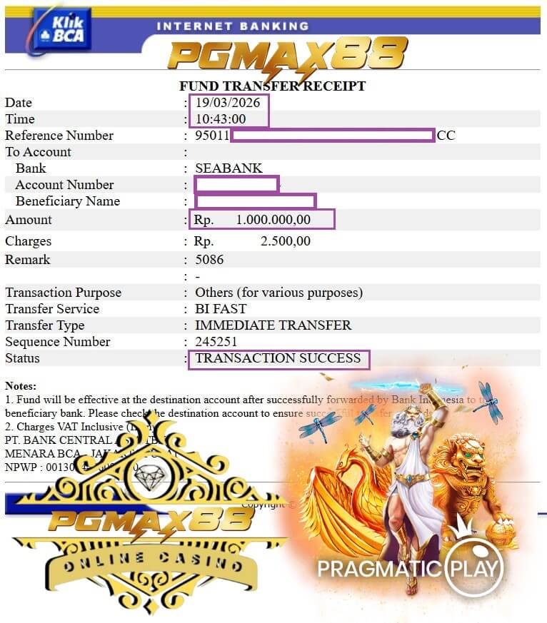 Bukti transfer kemenangan gila ke rekening bank