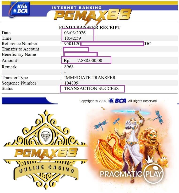 Bukti transfer bank dari kemenangan habanero