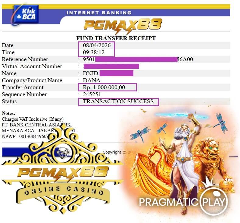 Bukti transfer jackpot MEGA888 ke rekening gw