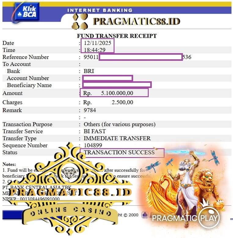 Bukti transfer kemenangan dari sesi gaming marathon