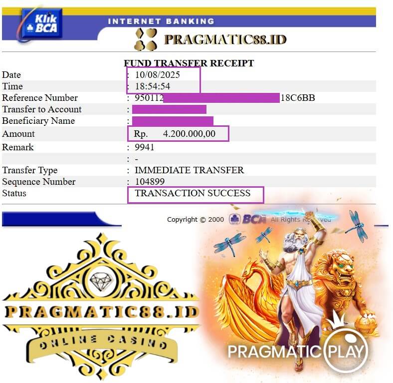 Bukti transfer bank dari kemenangan Joker123