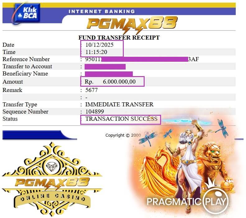 Bukti transfer bank dari kemenangan slot gue