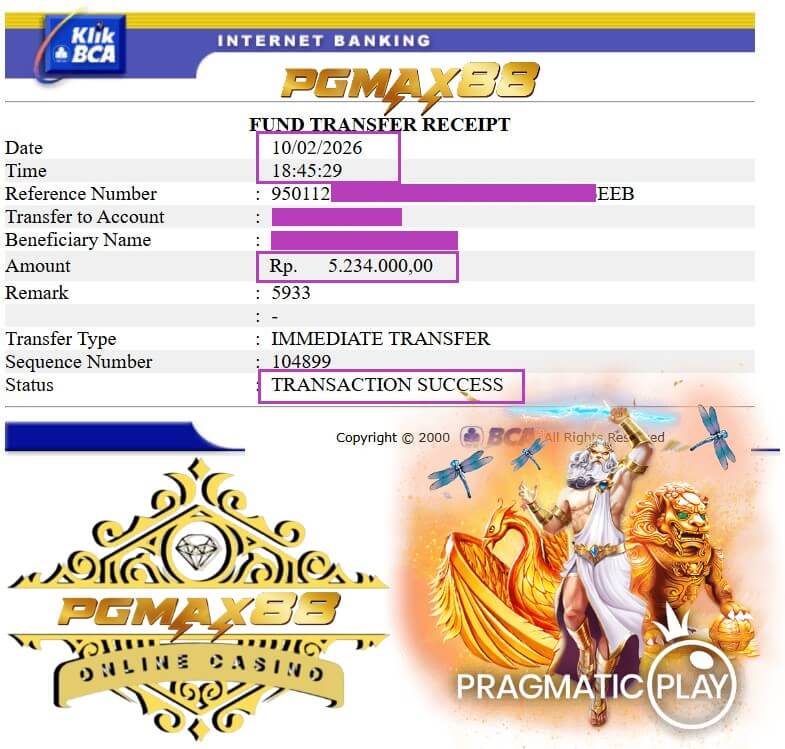 Bukti transfer bank dari kemenangan slot