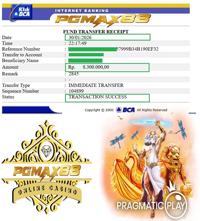 Slip transfer bank bukti kemenangan jackpot malam itu