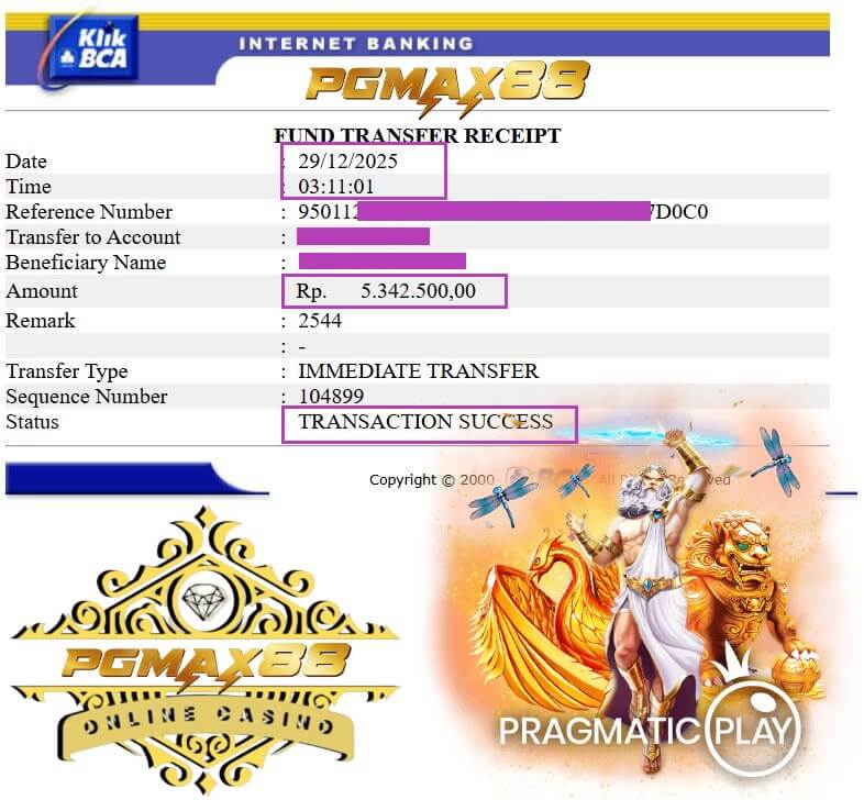 Bukti transfer bank dari kemenangan slot malam itu