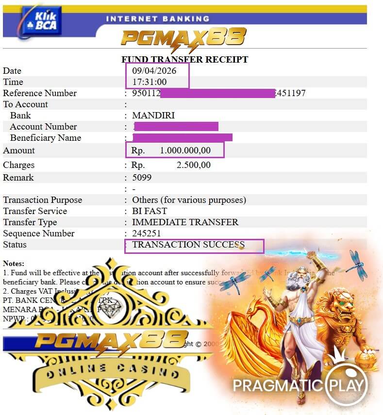 Bukti transfer bank dari kemenangan malam itu