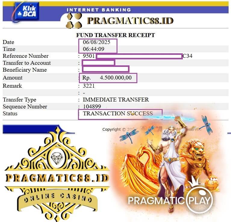 Bukti transfer kemenangan Thomas Clark