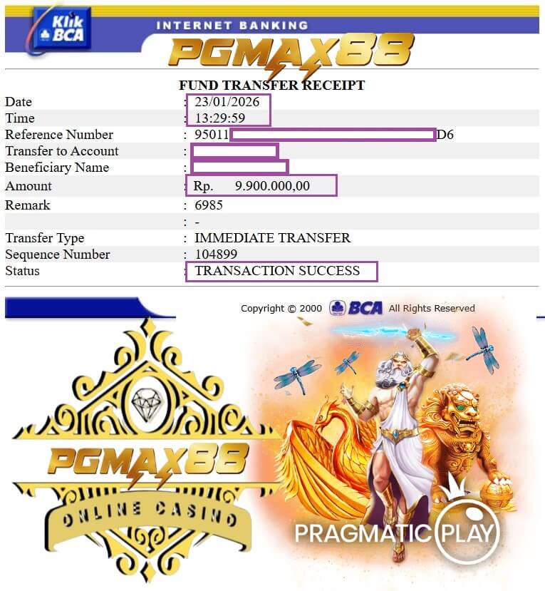 Bukti transfer bayaran dari sesi kartu malam ini