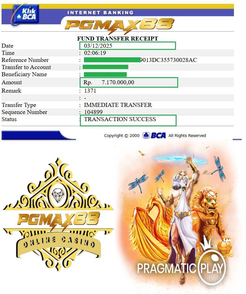 Bukti transfer bank dari kemenangan gaming malam ini