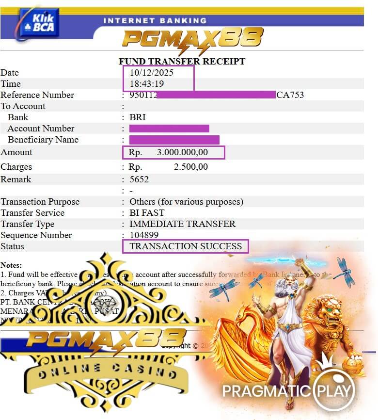 Bukti transfer jackpot ke rekening bank