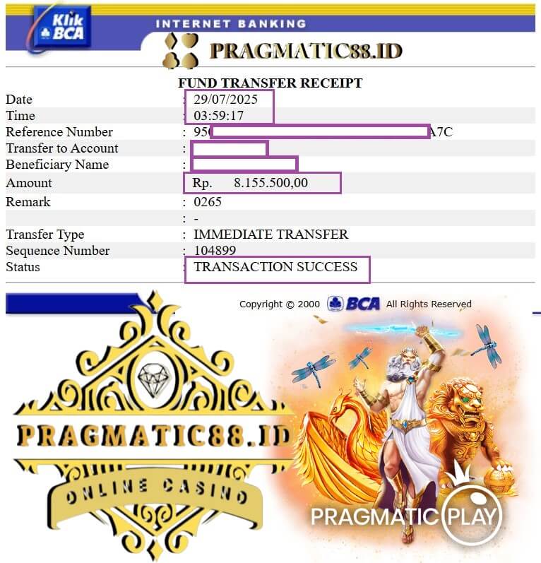 Bukti transfer kemenangan Thomas Johnson