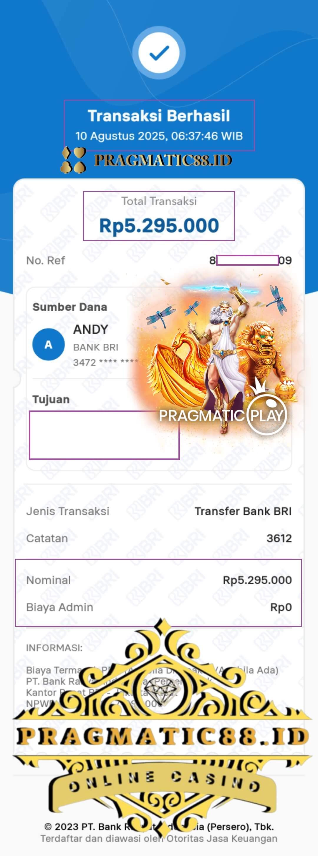 Bukti transfer bank kemenanganku