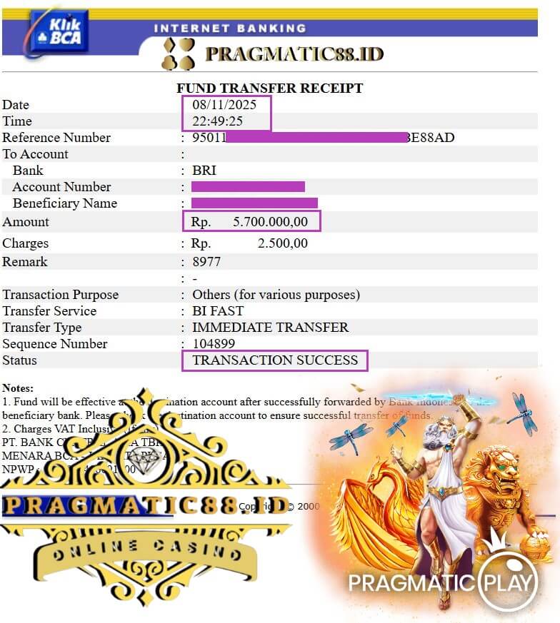 Bukti transfer kemenangan gila-gilaan dari Pussy888