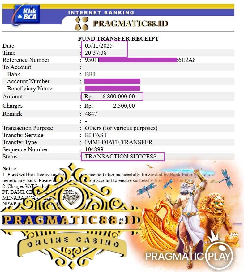 Bukti transfer bank dari kemenangan Pussy888