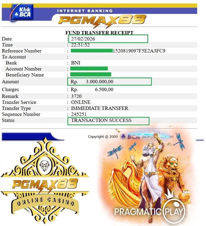 Bukti transfer bank dari kemenangan slot 888