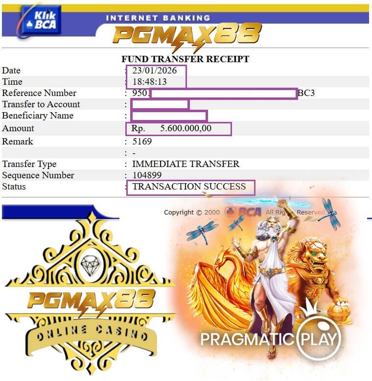 Bukti transfer kemenangan angka 888