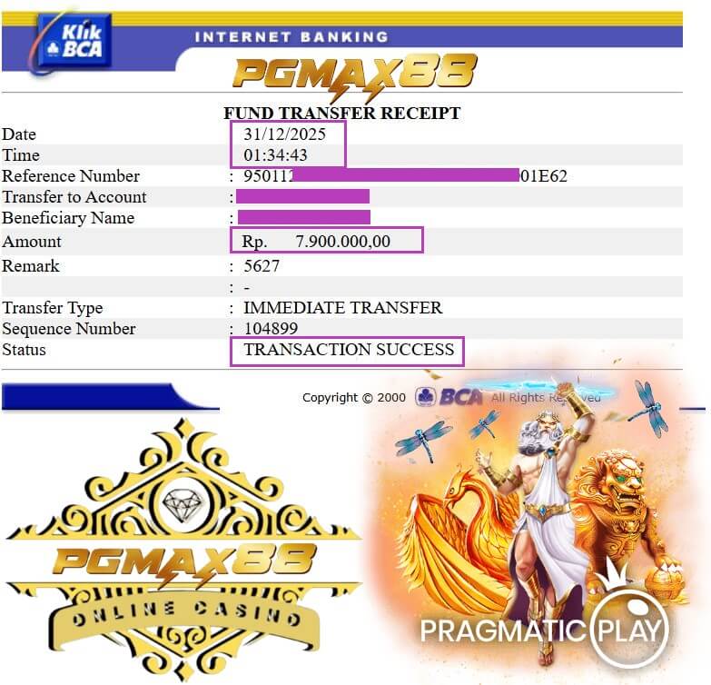 Bukti transfer bank dari kemenangan Mega888, nominal gede banget