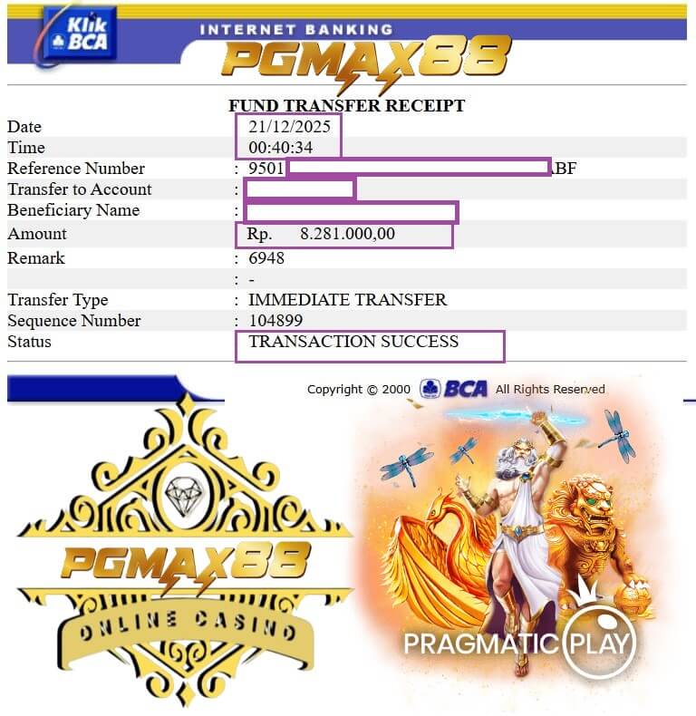 Bukti transfer jackpot Mega888 ke rekening bank